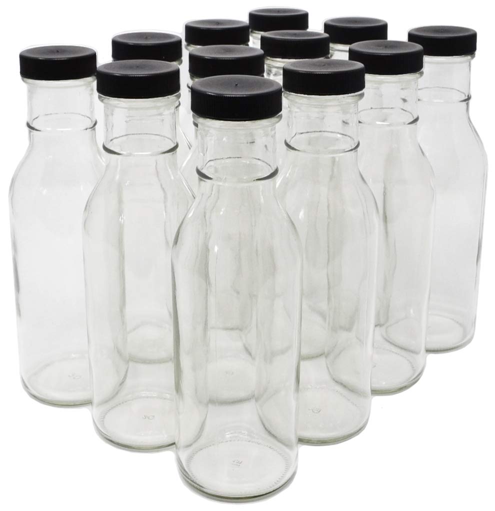 nicebottles Clear Glass Beverage/Sauce Bottles, 12 Oz, Black Caps - Case of 12