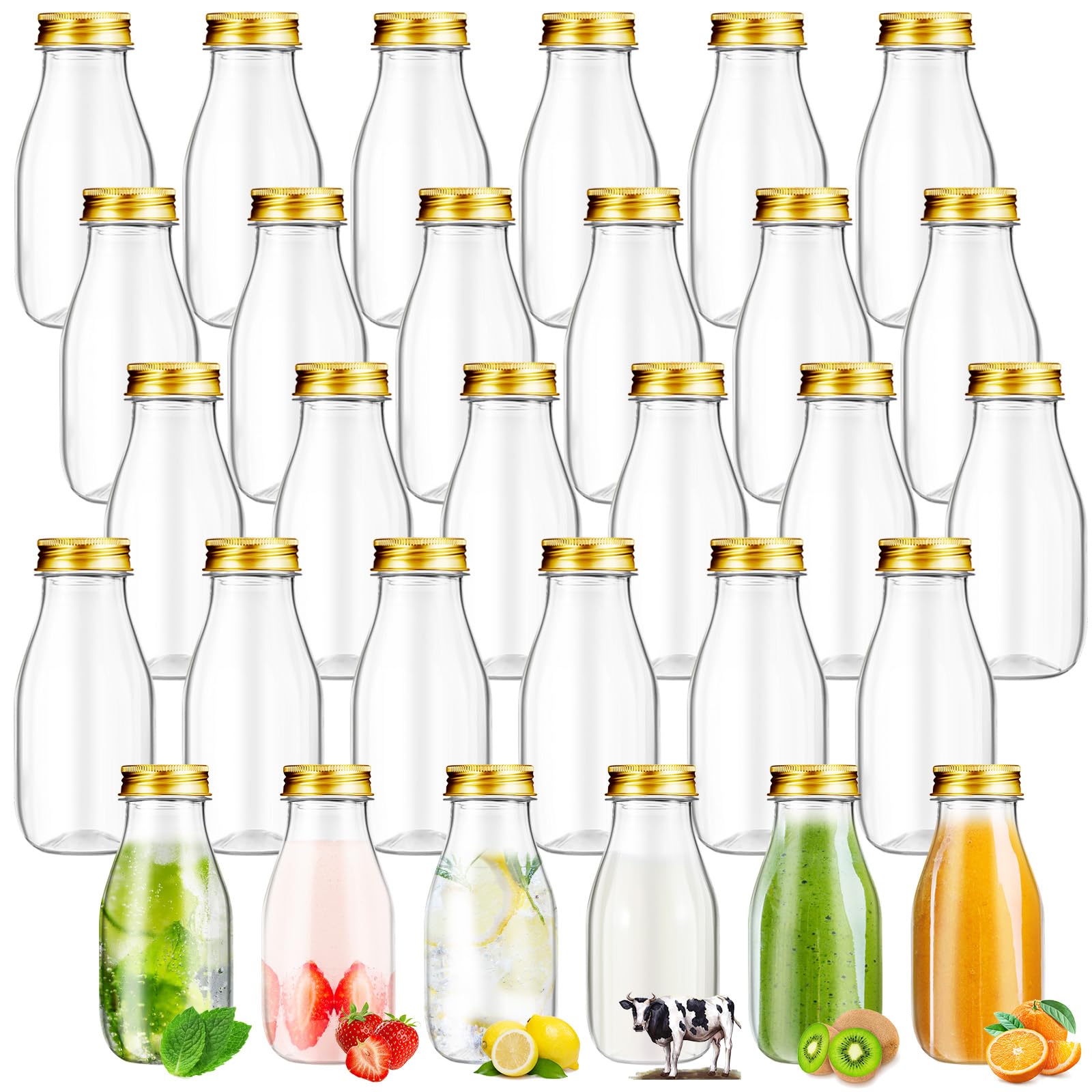 Roshtia 30 Pack 4oz 120ml Plastic Mini Milk Bottles Bulk Juice Shot Bottles with Lids Small Beverage Drink Containers for Restaurants Desserts Milk Iced Milkshakes Homemade (Gold)