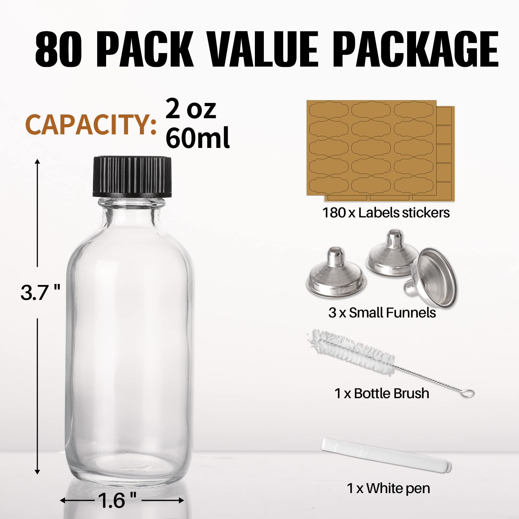 80 Pack, 2 oz Small Glass Bottles with Airtight Lids, 60 ml Empty Clear Sample Boston Bottle/Vials/Containers with180 Sticky Labels, Brush, Funnels