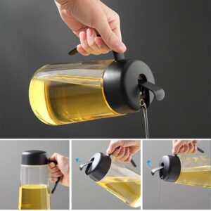 Olive Oil Dispenser Bottle, Leakproof Glass Oil Container with Non-Slip Handle, Automatic Cap and Stopper, True No Drip Auto Flip Cooking Oil Dispenser for Kitchen Cooking Black (1000ml/34oz)