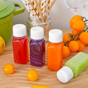 Moretoes 12pcs 2oz Shot Bottles with Caps, Mini Juice Bottles, Reusable Clear Bottles for Liquids, Empty Containers with Lids for Oil, Juice and Other Beverages