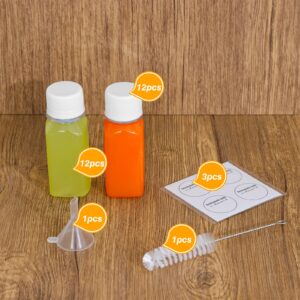 Moretoes 12pcs 2oz Shot Bottles with Caps, Mini Juice Bottles, Reusable Clear Bottles for Liquids, Empty Containers with Lids for Oil, Juice and Other Beverages