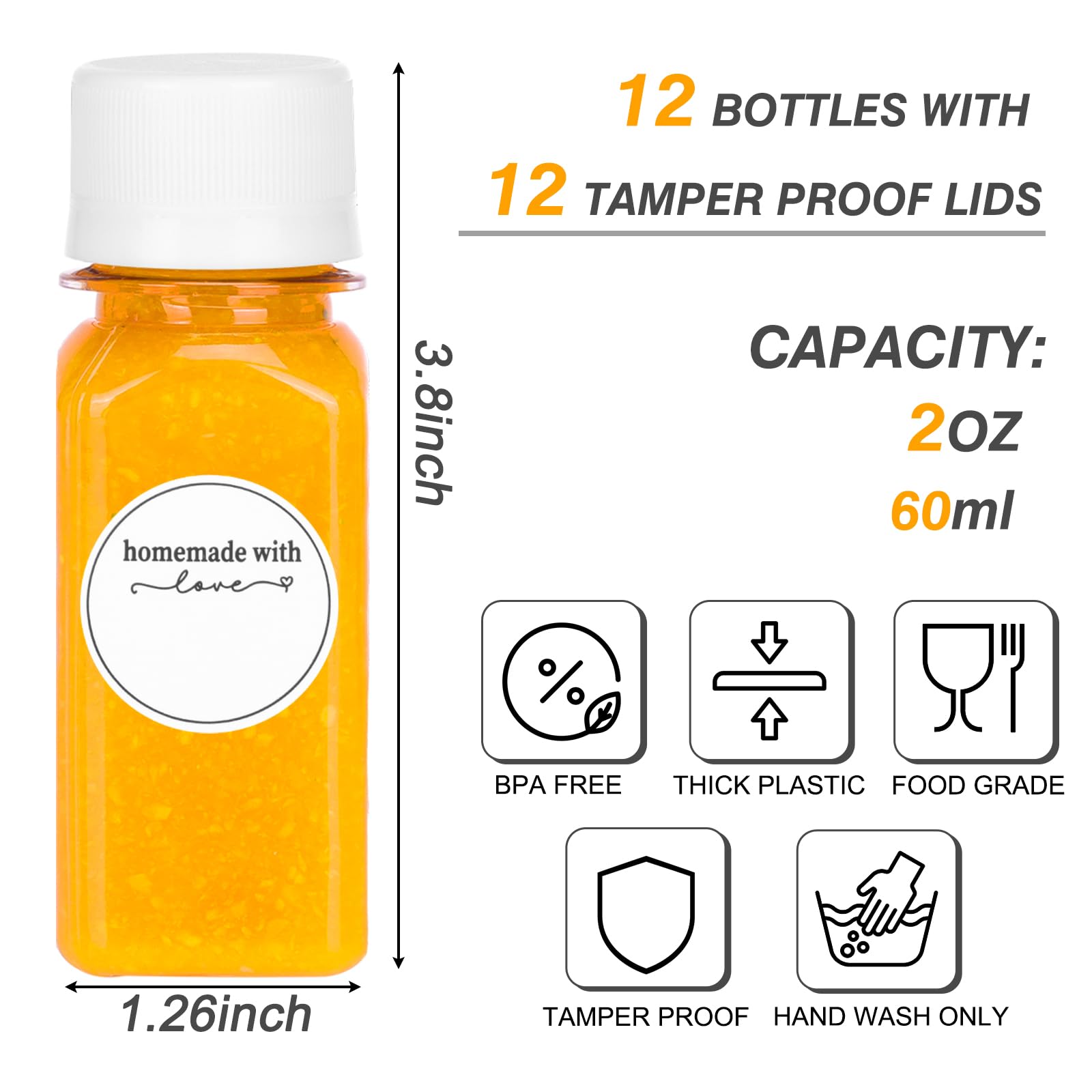 Moretoes 12pcs 2oz Shot Bottles with Caps, Mini Juice Bottles, Reusable Clear Bottles for Liquids, Empty Containers with Lids for Oil, Juice and Other Beverages