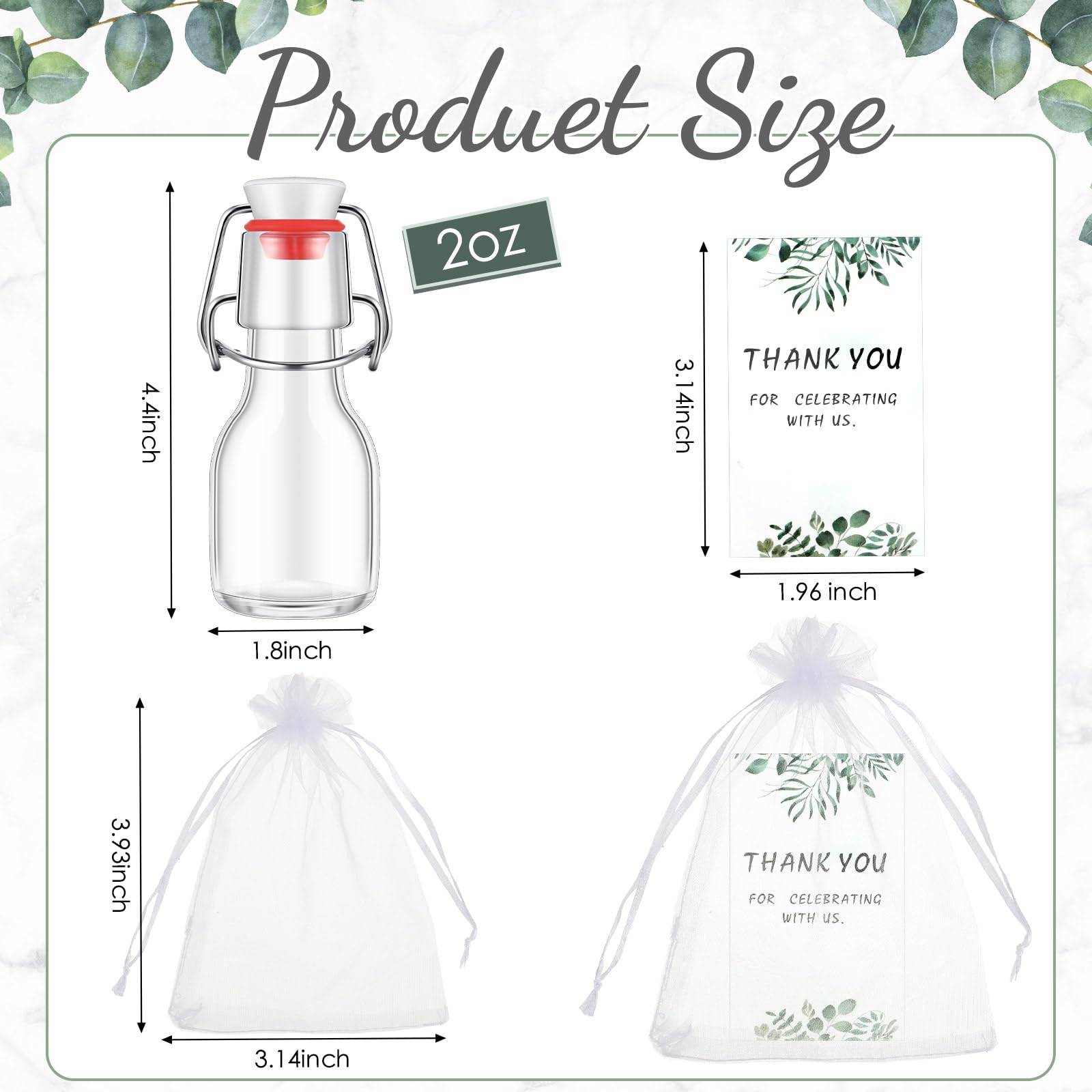 Dandat 24 Pieces 2 oz Mini Swing Top Glass Bottles Flip Top Glass Bottle Vanilla Extract Bottles with 24 Organza Bags and 24 Thank You Tags for Olive Oil Hot Sauce Potion Crafts Wedding Party Favors