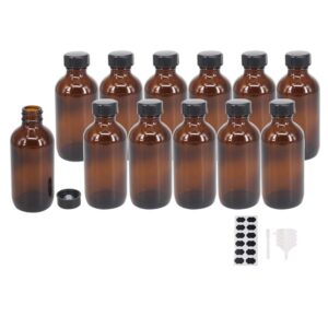 bpfy 12 pack 4 oz amber boston glass bottle with black poly cap, funnel, chalk labels, pen for homemade vanilla extract, essential oils, herbal medicine, wedding, christmas, holiday gift (amber)