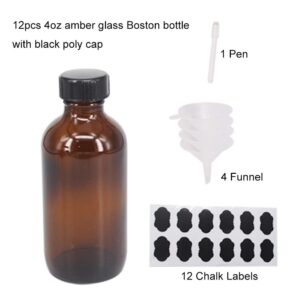 BPFY 12 Pack 4 oz Amber Boston Glass Bottle with Black Poly Cap, Funnel, Chalk Labels, Pen for Homemade Vanilla Extract, Essential Oils, Herbal Medicine, Wedding, Christmas, Holiday Gift (Amber)