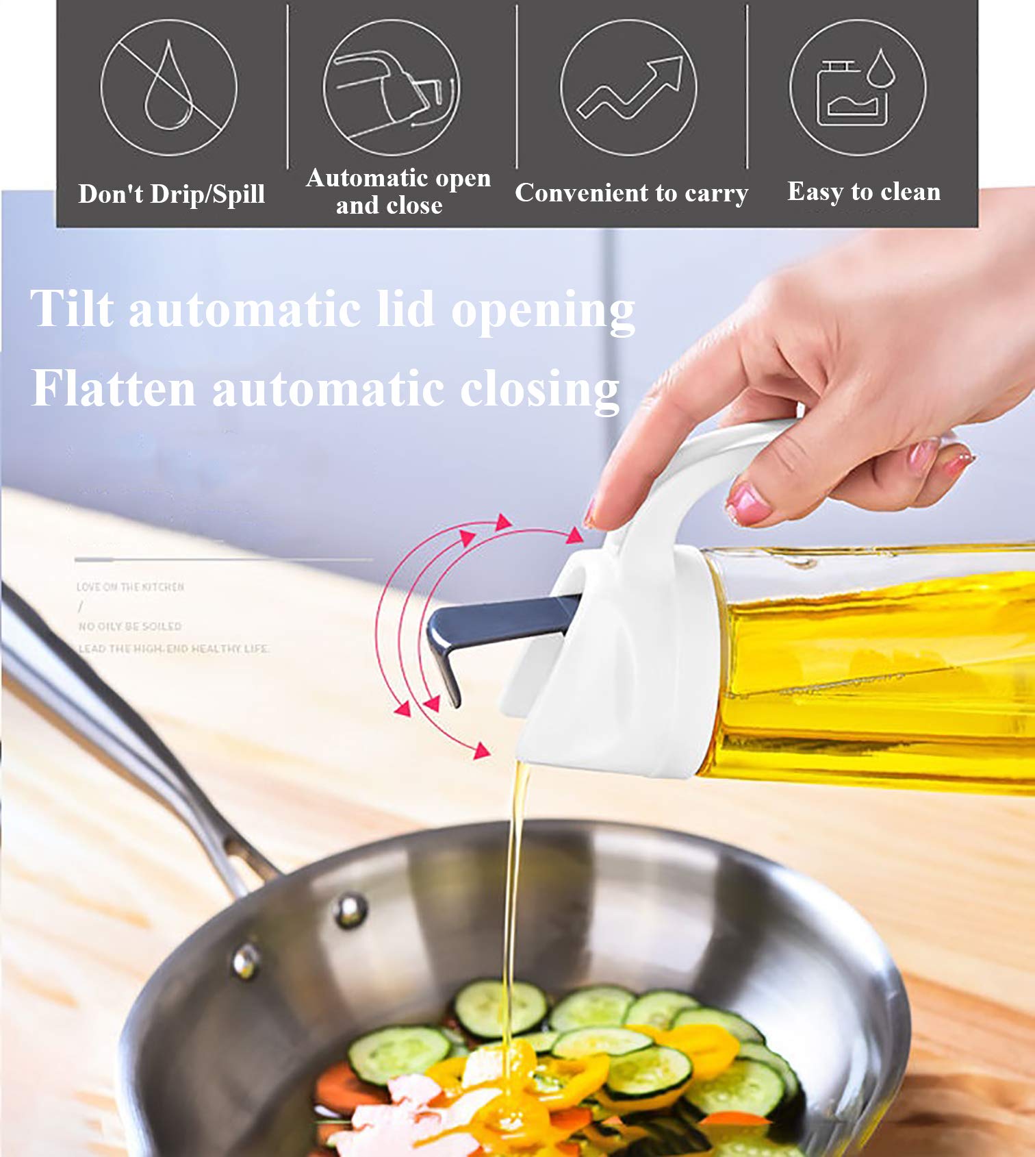 LayYun Auto Flip Olive Oil Dispenser Bottle,600 ml 20 OZ Leakproof Vinegar Glass Condiment Container With Automatic Cap and Stopper,Non-Drip Spout,Non-Slip Handle for Kitchen Cooking