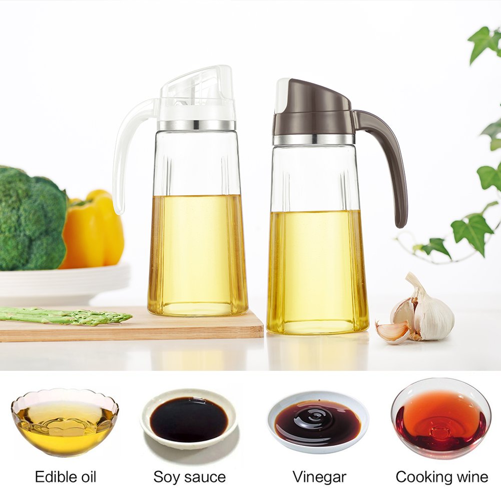 Marbrasse Auto Flip Olive Oil Dispenser Bottle,20 OZ Leakproof Condiment Container With Automatic Cap and Stopper,Non-Drip Spout,Non-Slip Handle for Kitchen Cooking Brown