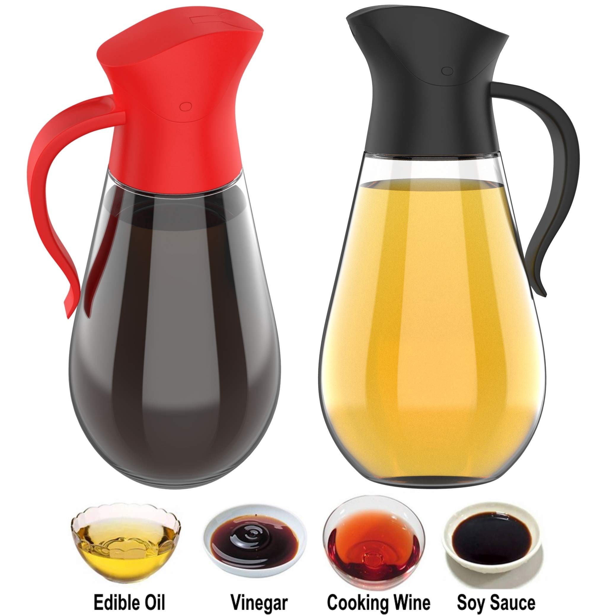 Brieftons Oil & Vinegar Dispensers: 2 x 18.6 Oz Leakproof Glass Oil Dispenser Bottles, Dual Condiment Dispensing Cruets, Easy Pouring with Auto Flip Cap & Stopper, Drip Free & Spill Free Design