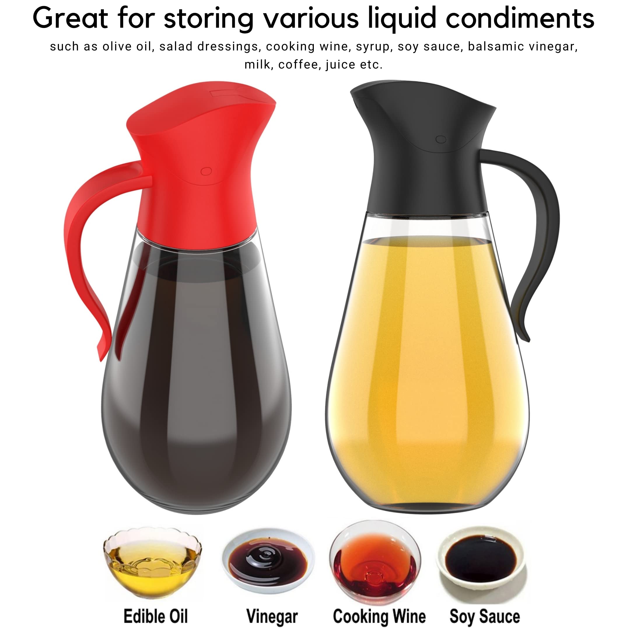 Brieftons Oil & Vinegar Dispensers: 2 x 18.6 Oz Leakproof Glass Oil Dispenser Bottles, Dual Condiment Dispensing Cruets, Easy Pouring with Auto Flip Cap & Stopper, Drip Free & Spill Free Design