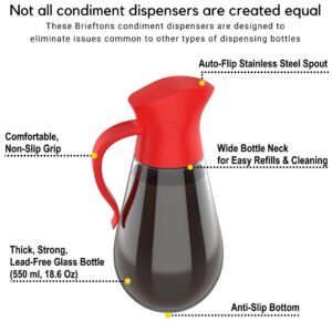 Brieftons Oil & Vinegar Dispensers: 2 x 18.6 Oz Leakproof Glass Oil Dispenser Bottles, Dual Condiment Dispensing Cruets, Easy Pouring with Auto Flip Cap & Stopper, Drip Free & Spill Free Design