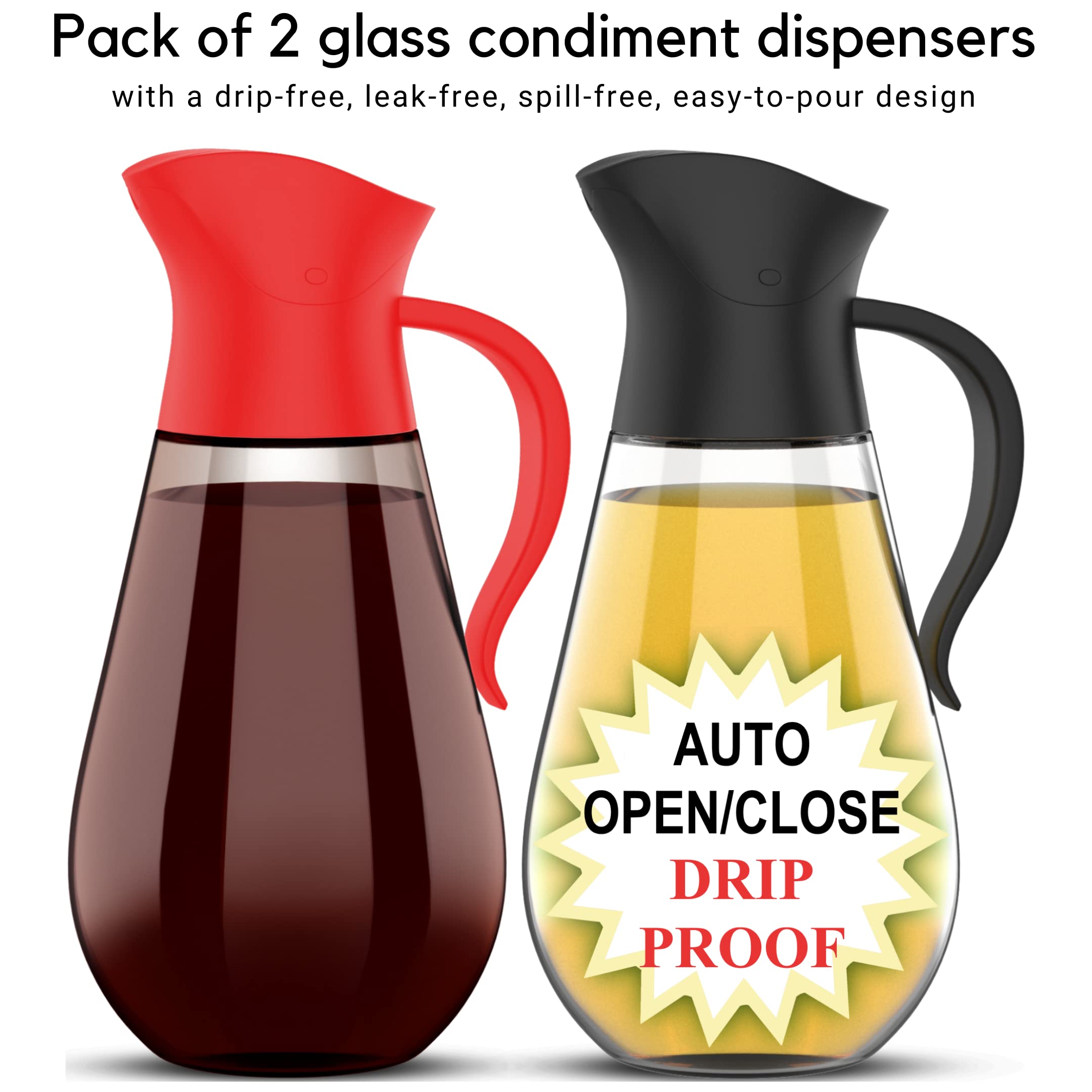 Brieftons Oil & Vinegar Dispensers: 2 x 18.6 Oz Leakproof Glass Oil Dispenser Bottles, Dual Condiment Dispensing Cruets, Easy Pouring with Auto Flip Cap & Stopper, Drip Free & Spill Free Design