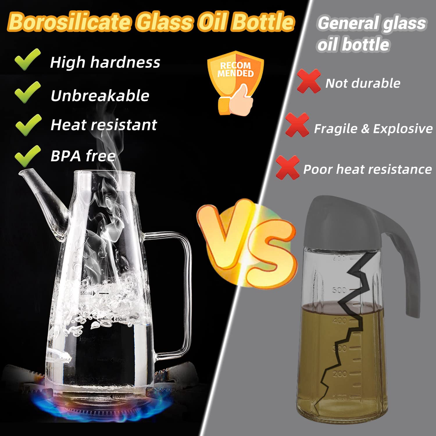 Large High Borosilicate Glass Oil Bottle for Cooking,25floz Oil and Vinegar Dispenser Cruet with Non-Slip Silicone Base,Big Kitchen No Drip Liquid Container for Olive Oil,Soy Sauce,Syrup (750ml)