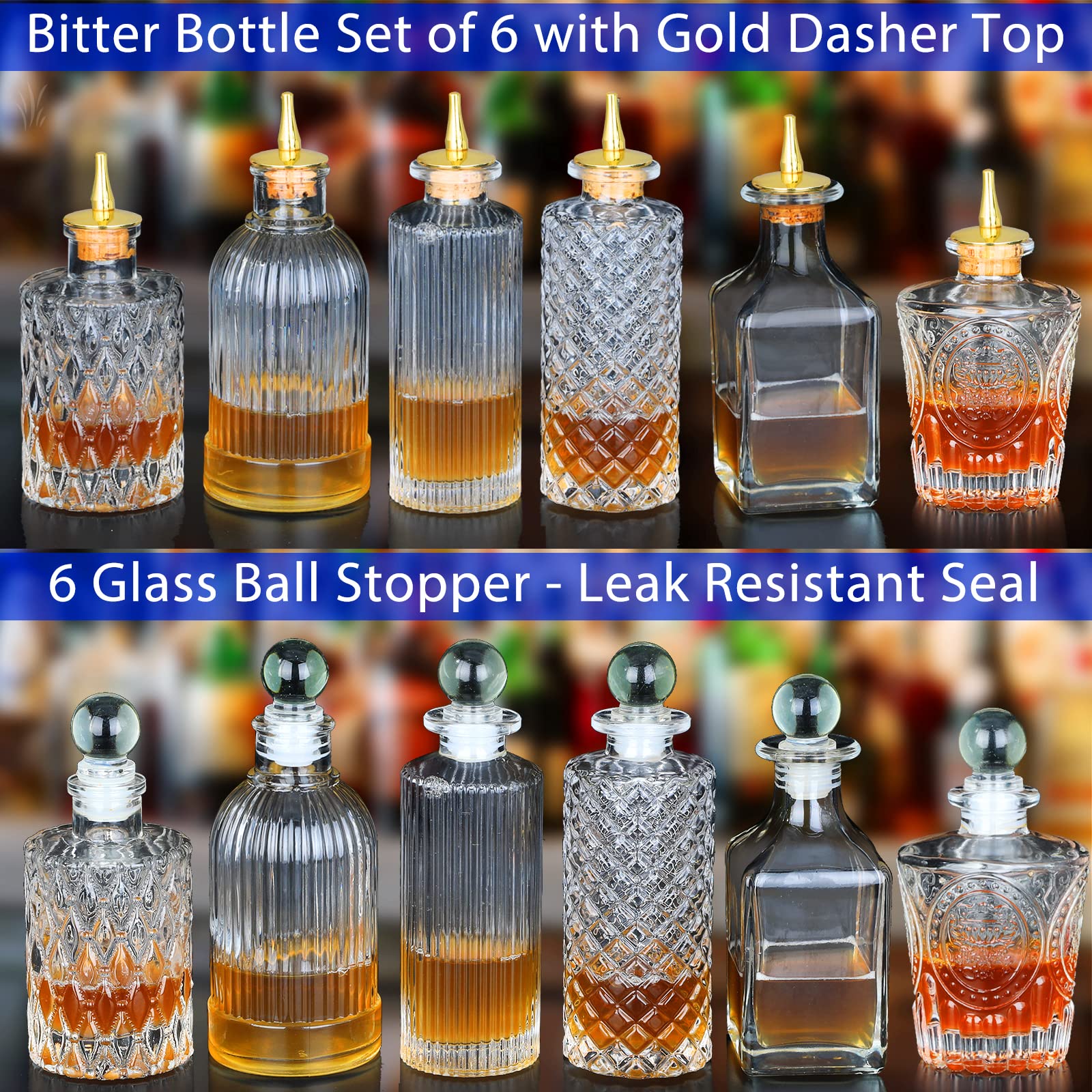 Bitters Bottles Set of 6 - Glass Dasher Bottles with Dash Top and Stopper Great Dispenser Bottle For Your Bitters Great for homemade Cocktail and Bartender