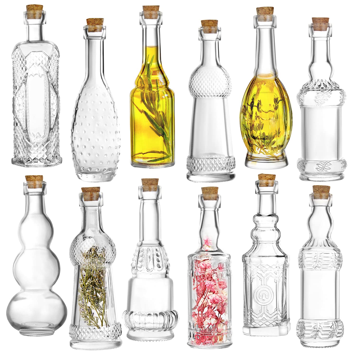 Kitchen Lux Vintage Small Bottles With Corks, Assorted Shapes [12-Pack] Clear Mini Glass Jars With Cork Lids For Crafts, Party Favors & Wedding Decorations- Small Bud Vases/Sand Art Bottles