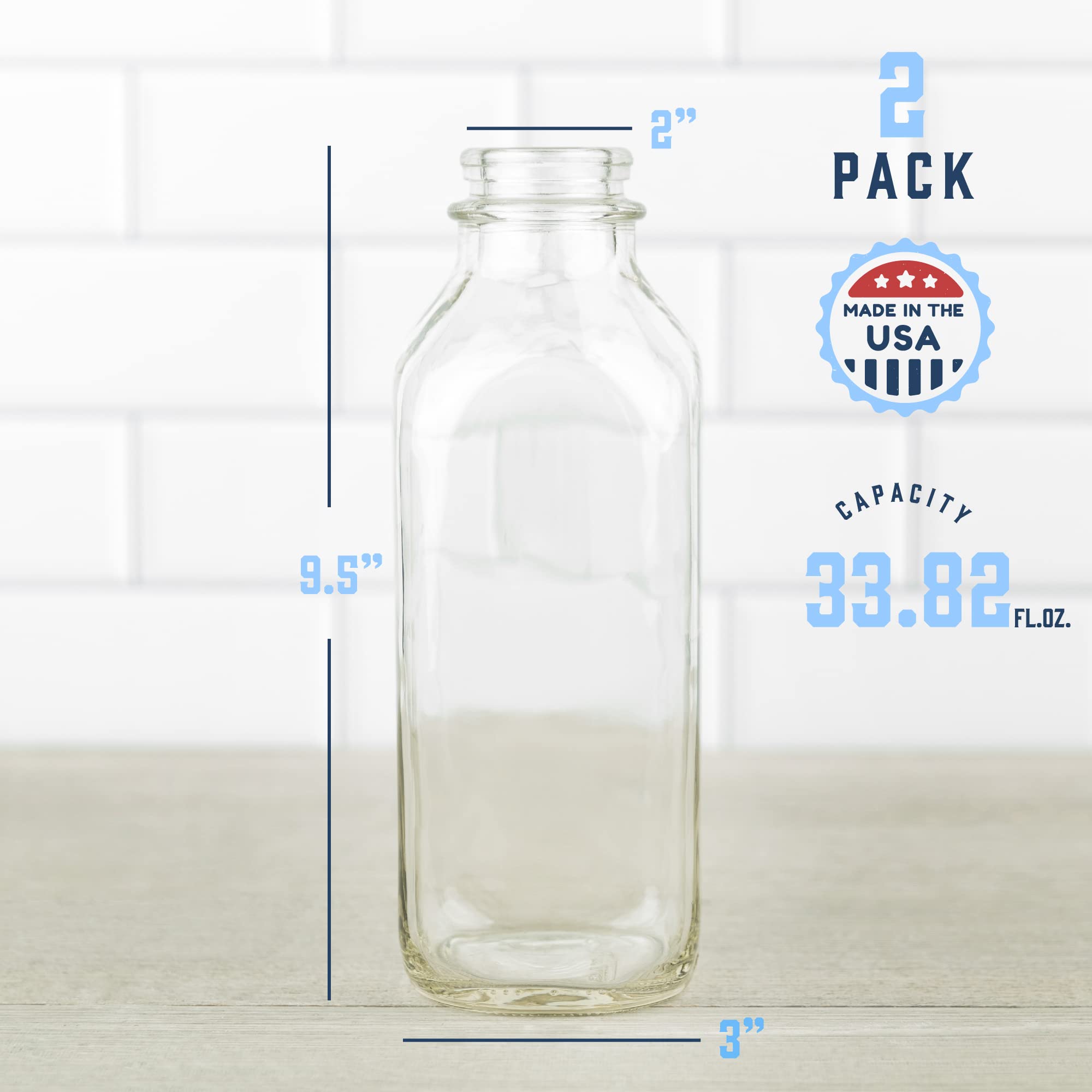 Kitchentoolz 32 Oz Square Glass Milk Bottles with Lids, Perfect Glass Milk Container for Refrigerator - 1 Liter Glass Milk Jugs with Tamper Proof Lid and Pour Spout - Pack of 2