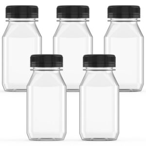 Hulless 6 Ounce Plastic Juice Bottle Drink Containers 5 Pcs Juicing Bottles with Black Lids, Suitable for Juice, Smoothies, Milk and Homemade Beverages