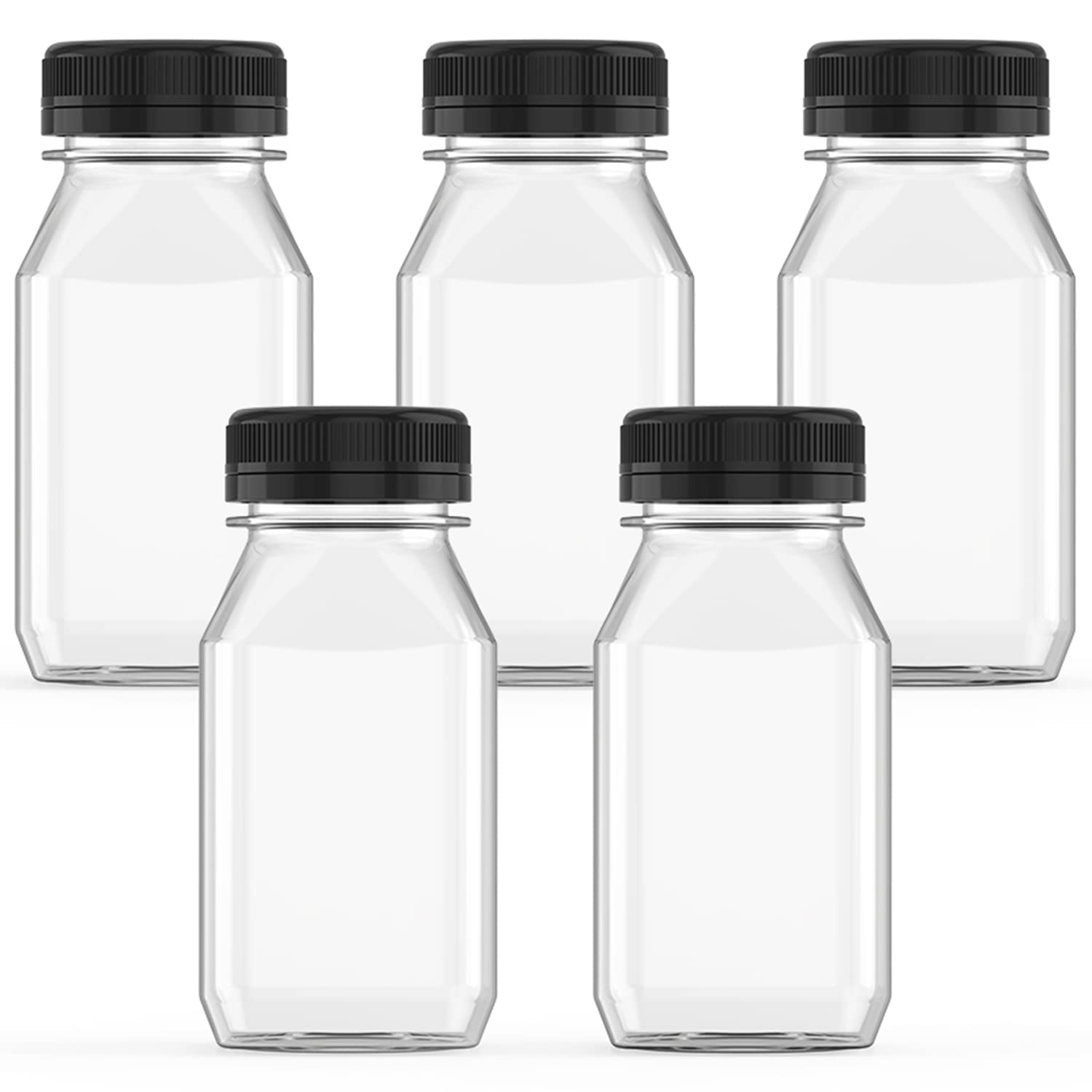 Hulless 6 Ounce Plastic Juice Bottle Drink Containers 5 Pcs Juicing Bottles with Black Lids, Suitable for Juice, Smoothies, Milk and Homemade Beverages