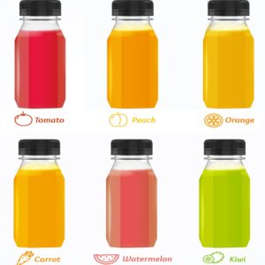 Hulless 6 Ounce Plastic Juice Bottle Drink Containers 5 Pcs Juicing Bottles with Black Lids, Suitable for Juice, Smoothies, Milk and Homemade Beverages