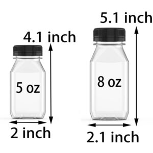 Hulless 6 Ounce Plastic Juice Bottle Drink Containers 5 Pcs Juicing Bottles with Black Lids, Suitable for Juice, Smoothies, Milk and Homemade Beverages