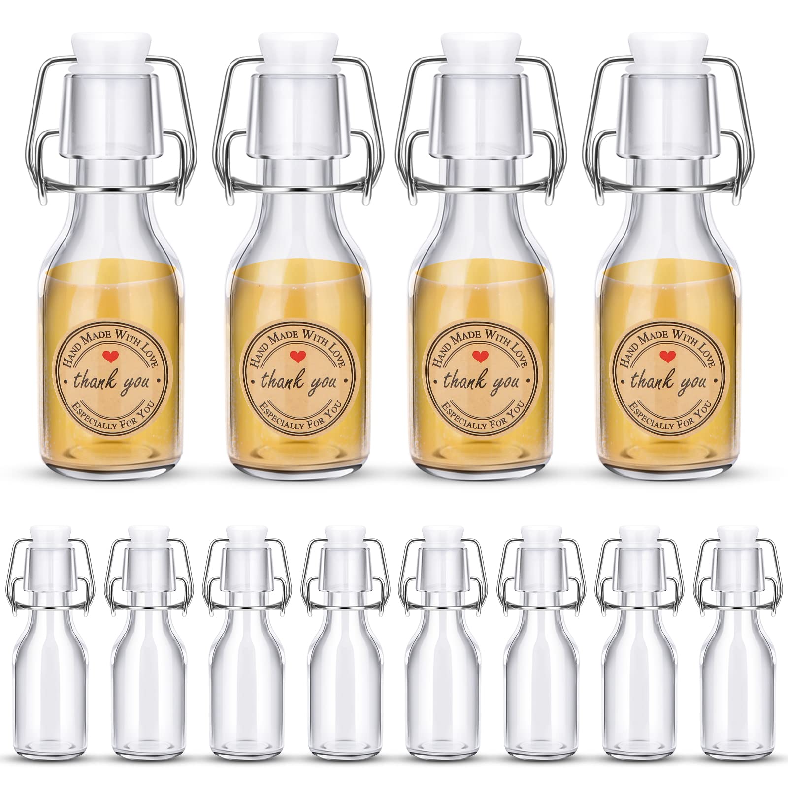 ZSMKJIAYE 12 Pcs Mini Flip Top Glass Bottle with Stoppers 4 oz Mini Swing Top Bottles Small Glass Bottles with Lid Kraft Adhesive Round Stickers for Wedding Themed Party Favors