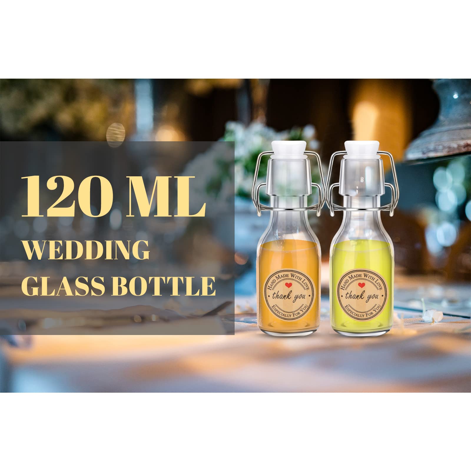 ZSMKJIAYE 12 Pcs Mini Flip Top Glass Bottle with Stoppers 4 oz Mini Swing Top Bottles Small Glass Bottles with Lid Kraft Adhesive Round Stickers for Wedding Themed Party Favors