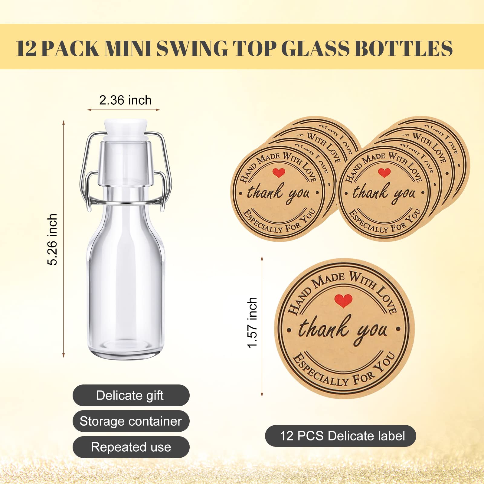 ZSMKJIAYE 12 Pcs Mini Flip Top Glass Bottle with Stoppers 4 oz Mini Swing Top Bottles Small Glass Bottles with Lid Kraft Adhesive Round Stickers for Wedding Themed Party Favors