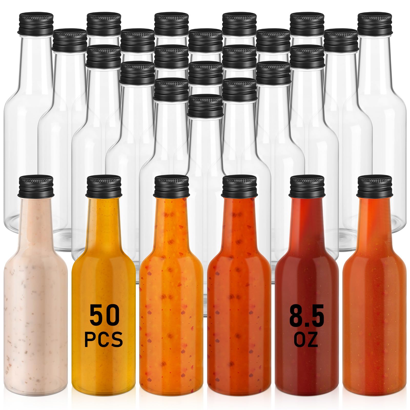 Zubebe 50 Pcs Hot Sauce Bottles 8.5 oz Woozy Bottles Clear Empty Mini Liquor Bottles Plastic Alcohol Bottles with Leak Proof Screw Caps for Oil Milk Beverages Salad Dressing Birthday Party Favors