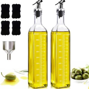 Showvigor Olive Oil Dispenser Bottle Set of 2, Oil and Vinegar Cruet Set 17oz/500 ml,Oil Bottles for Kitchen,Square Tall Glass Oil Bottle with 4 Labels, 2 Pourers and 1 Funnel as Kitchen Helper