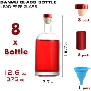 Danmu 8 Pack Glass Bottles, 12.6oz Glass Bottles with Cork,Glass Bottles with Lids,Wine Bottles,Sauce Bottles,Shrink Capsules Included,375ml Glass Bottles for Decorations, Party Favors