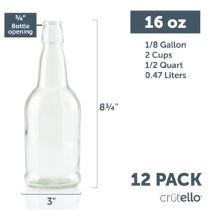 Crutello 16 Ounce Clear Glass Flip Top Beer Bottles for Brewing - Beer, Kombucha, Soda, Juice - 12 Pack Glass Bottle for Fermentation, Storage, Drinking - A Family-Owned American Brand