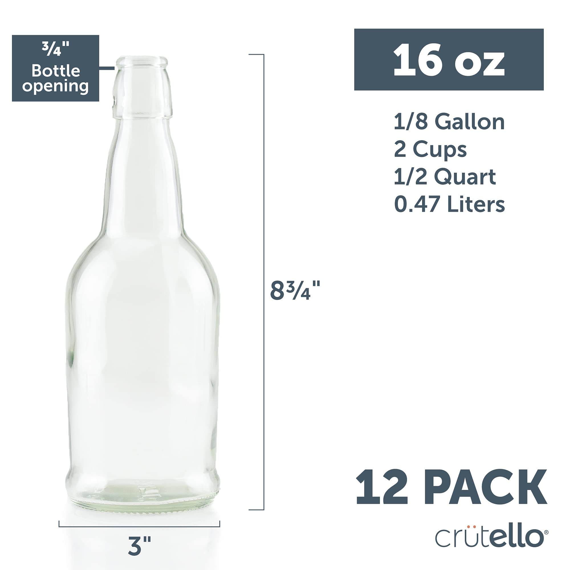 Crutello 16 Ounce Clear Glass Flip Top Beer Bottles for Brewing - Beer, Kombucha, Soda, Juice - 12 Pack Glass Bottle for Fermentation, Storage, Drinking - A Family-Owned American Brand