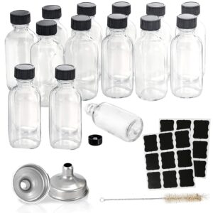 14pack 2oz bottles with airtight lids,boston clear glass mini shot bottles with cap for whiskey sample bottle,ginger shots bottles,potion,oils,vanilla,liquid,shot jars with 2 funnels 16 labels 1brush