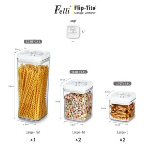 Felli Flip Tite Food Storage Container 5” LARGE 5pk Set + No Residue Label, Airtight Lid Easy Lock Top Stackable, Plastic Canister Jar for Pantry Kitchen Fridge Organizer Pasta Protein Powder Spice