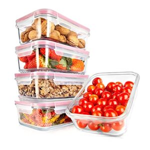 nutrichef 5-piece 30 oz glass meal prep containers - stackable bpa-free kitchen storage containers for food with improved leakproof snap lock lids - dishwasher, freezer, & microwave safe - red