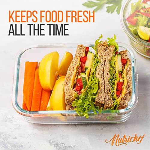 NutriChef 5-Piece 30 oz Glass Meal Prep Containers - Stackable BPA-Free Kitchen Storage Containers for Food with Improved Leakproof Snap Lock Lids - Dishwasher, Freezer, & Microwave Safe - Red