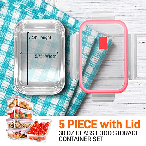 NutriChef 5-Piece 30 oz Glass Meal Prep Containers - Stackable BPA-Free Kitchen Storage Containers for Food with Improved Leakproof Snap Lock Lids - Dishwasher, Freezer, & Microwave Safe - Red