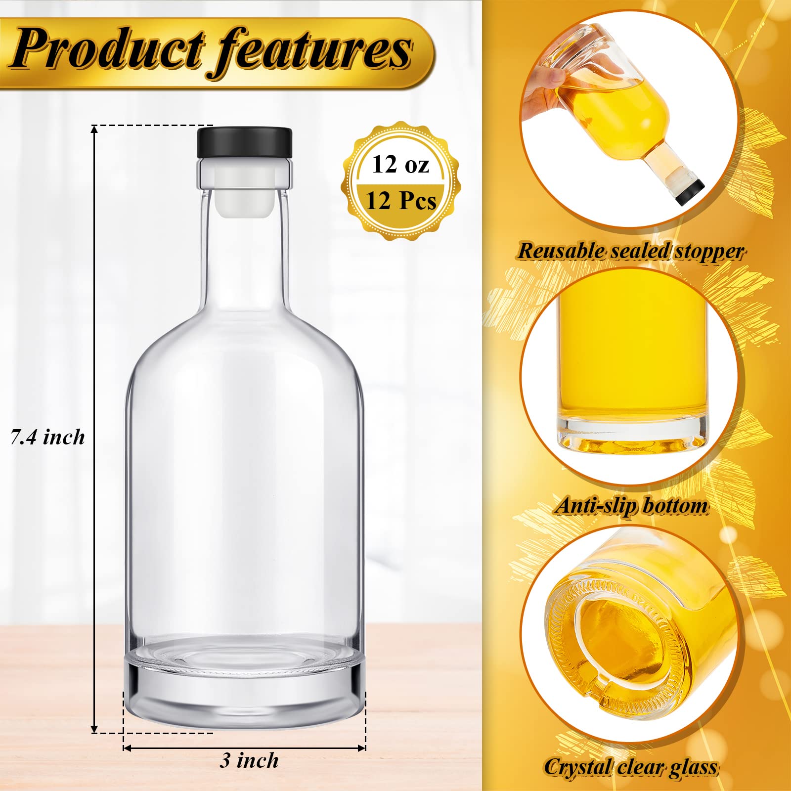 12 Pcs Clear Wine Bottles 12 oz Glass Liquor Bottles with T-top Caps Heavy Bottom Hot Sauce Bottles Home Brewing Glass Bottle Airtight Crew Bottle for Kombucha Beverages Juice Oils Drinks (Black)