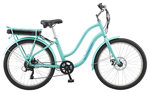 Schwinn Mendocino Electric Cruiser Bike for Adults, 20MPH eBike, Up to 35-55 Miles on a Single Charge, 26-Inch Wheels, 6-Speed, Pedal Assist with Throttle, Mint Green