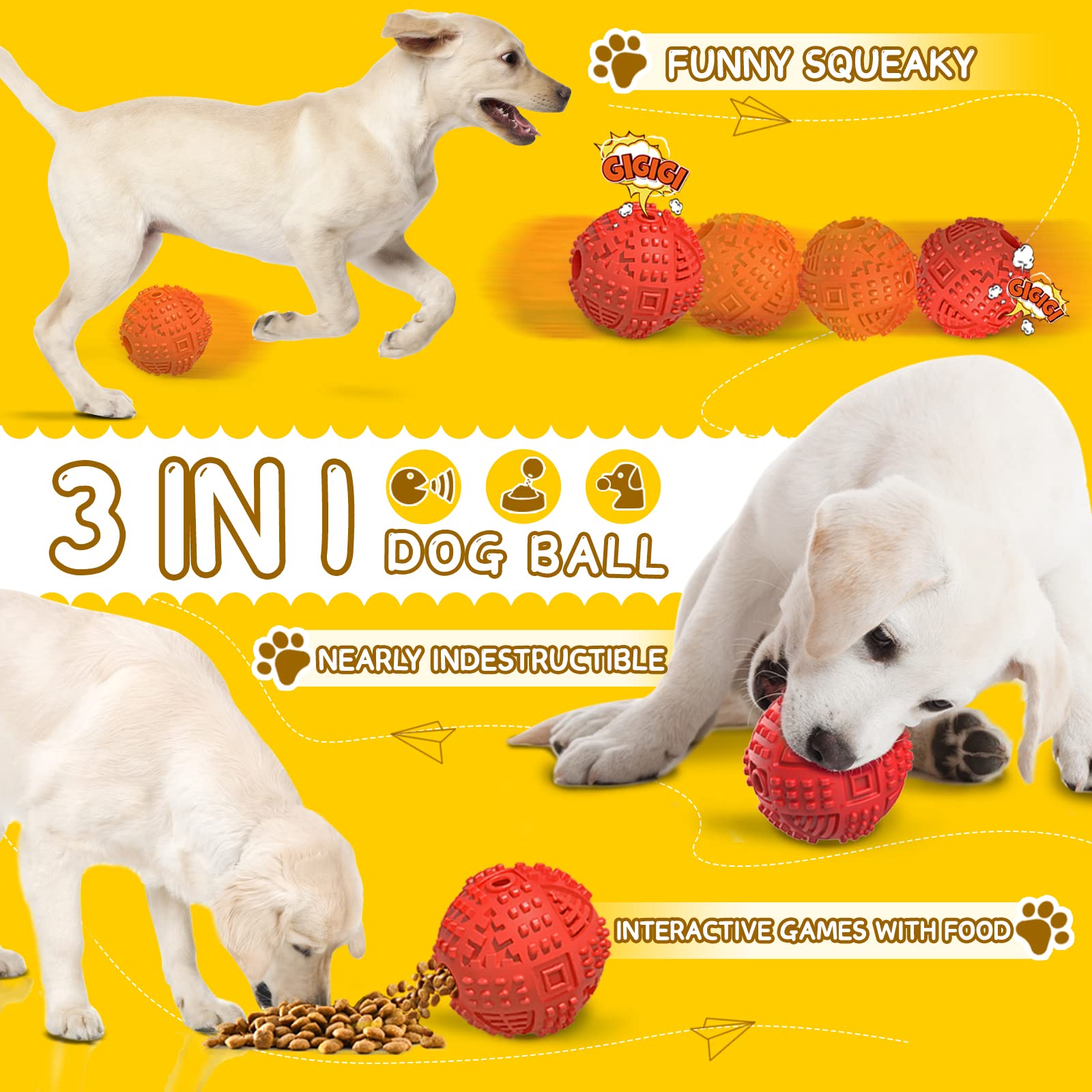 Dog Balls Treat Dispensing Dog Toys, Dog Toys for Aggressive Chewers Large Breed, Nearly Indestructible Squeaky Dog Chew Toys for Large Dogs, Natural Rubber Dog Puzzle Toys, Tough Dog Treat Ball