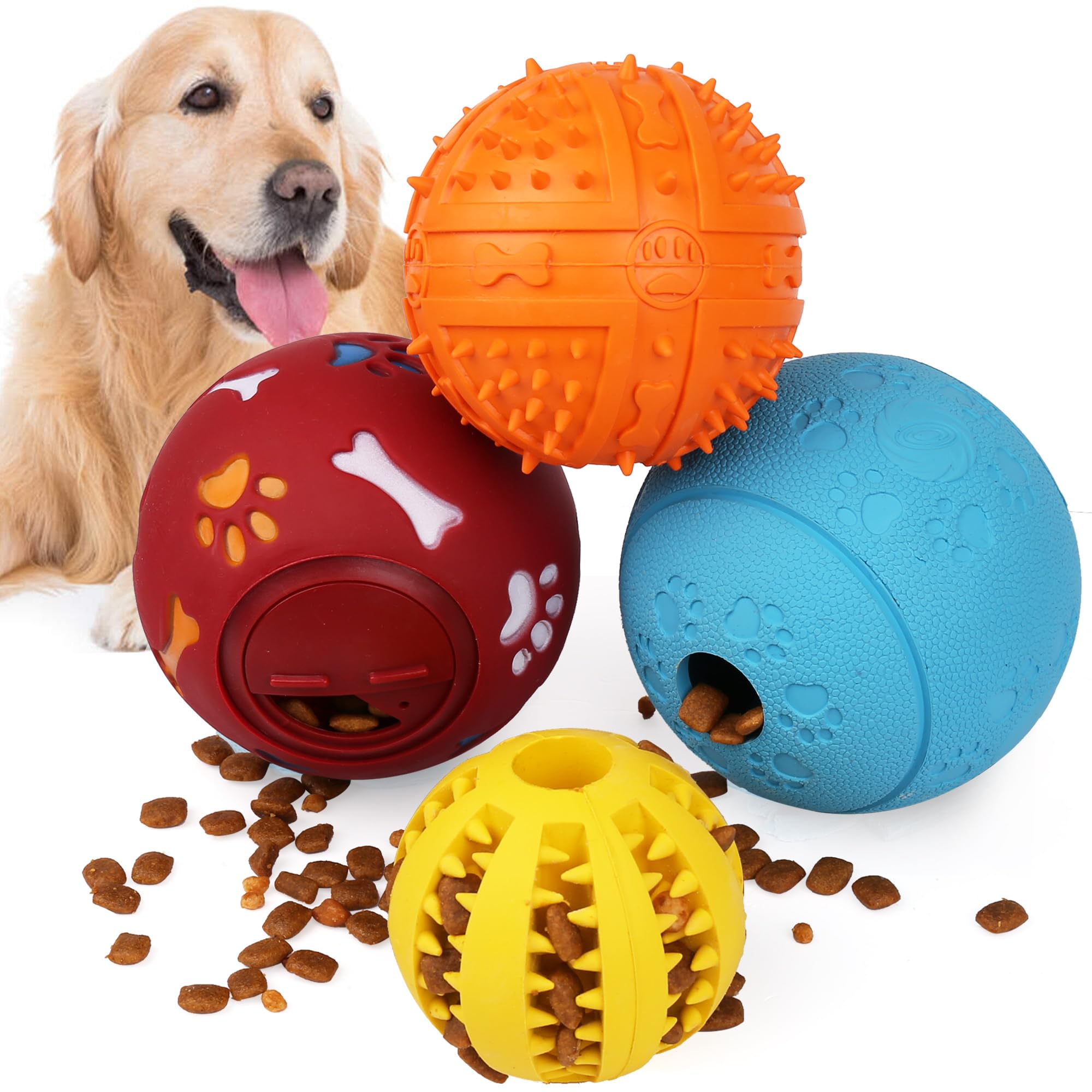 PrimePets Dog Treat Ball, 4 Pack Interactive Food Dispensing Puppy Puzzle Toy, Non-Toxic, Natural Rubber, for Tooth Cleaning, IQ Training, Chewing, Playing