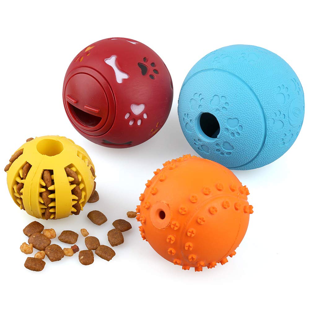 PrimePets Dog Treat Ball, 4 Pack Interactive Food Dispensing Puppy Puzzle Toy, Non-Toxic, Natural Rubber, for Tooth Cleaning, IQ Training, Chewing, Playing