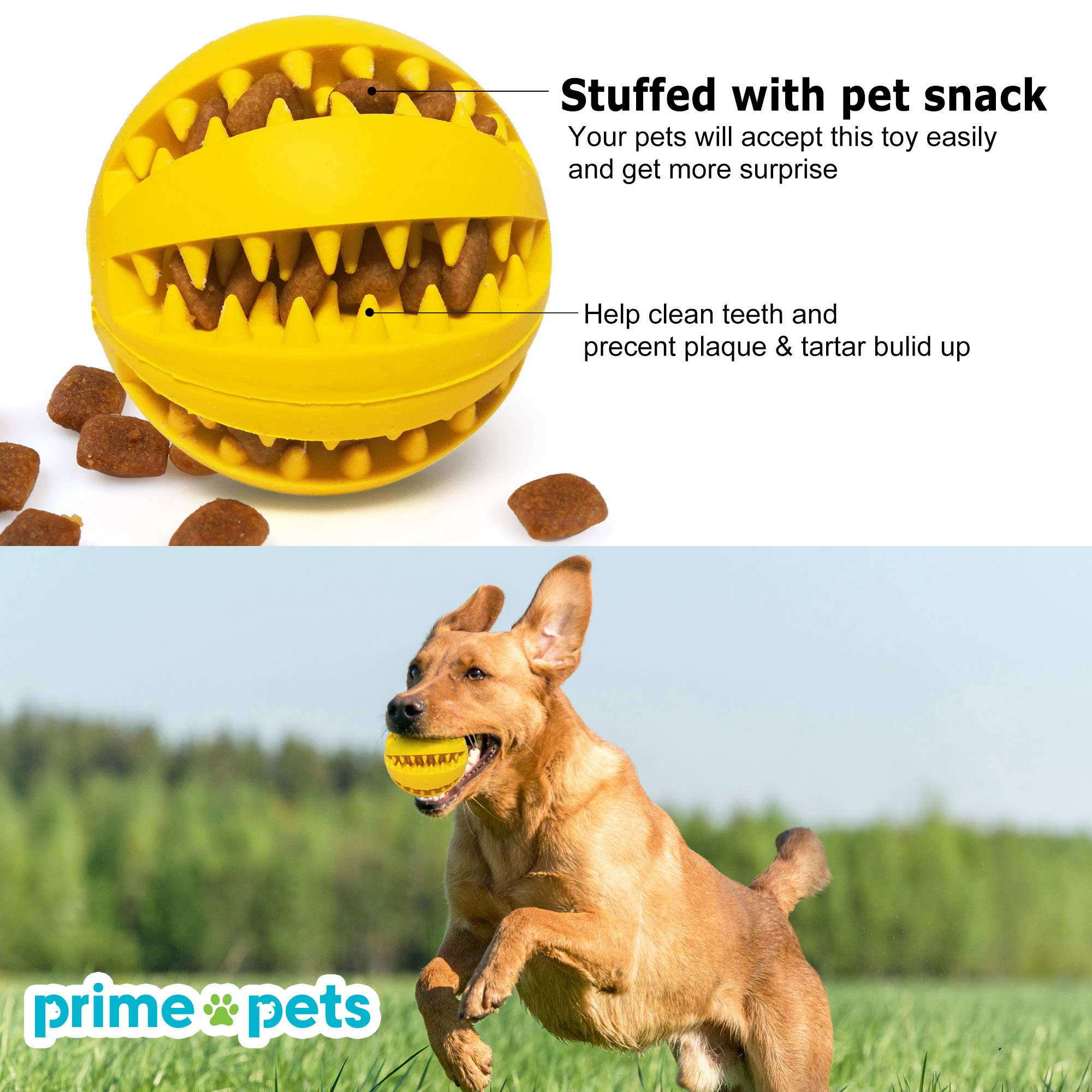 PrimePets Dog Treat Ball, 4 Pack Interactive Food Dispensing Puppy Puzzle Toy, Non-Toxic, Natural Rubber, for Tooth Cleaning, IQ Training, Chewing, Playing