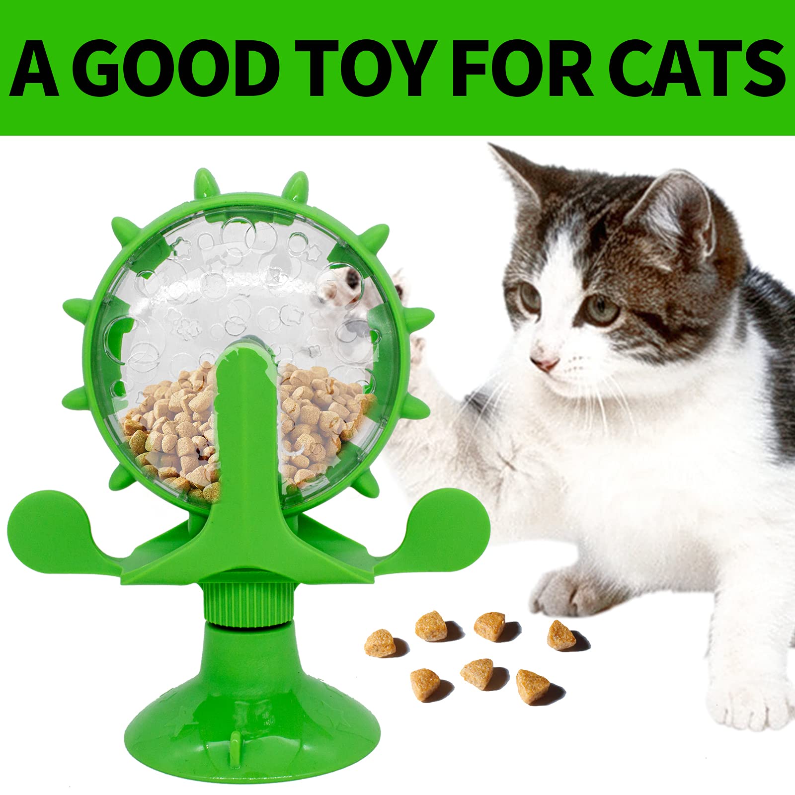 HXJWG Cat Treat Dispenser Toy,Fun Interactive 360 DegreeRotating Food Leakage Device,Fun Interactive 360 Degree Rotating Windmill pet Treat Dispenser Toy with Suction Cup, GREEN