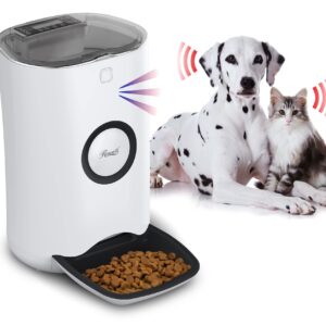 Rosewill Automatic Pet Feeder Food Dispenser for Cat or Dog, Up to 6.5 lbs of Dry Food with Alarm, Portion Control & Voice Recorder, Programmable, USB & Battery Powered, White - (RPPF-21001)