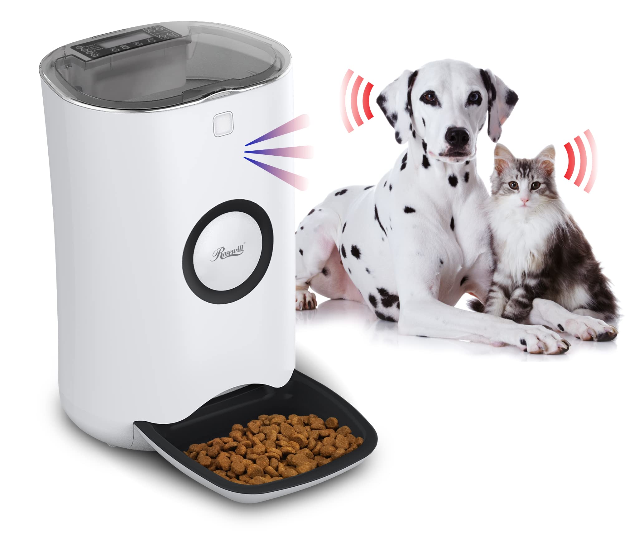 Rosewill Automatic Pet Feeder Food Dispenser for Cat or Dog, Up to 6.5 lbs of Dry Food with Alarm, Portion Control & Voice Recorder, Programmable, USB & Battery Powered, White - (RPPF-21001)