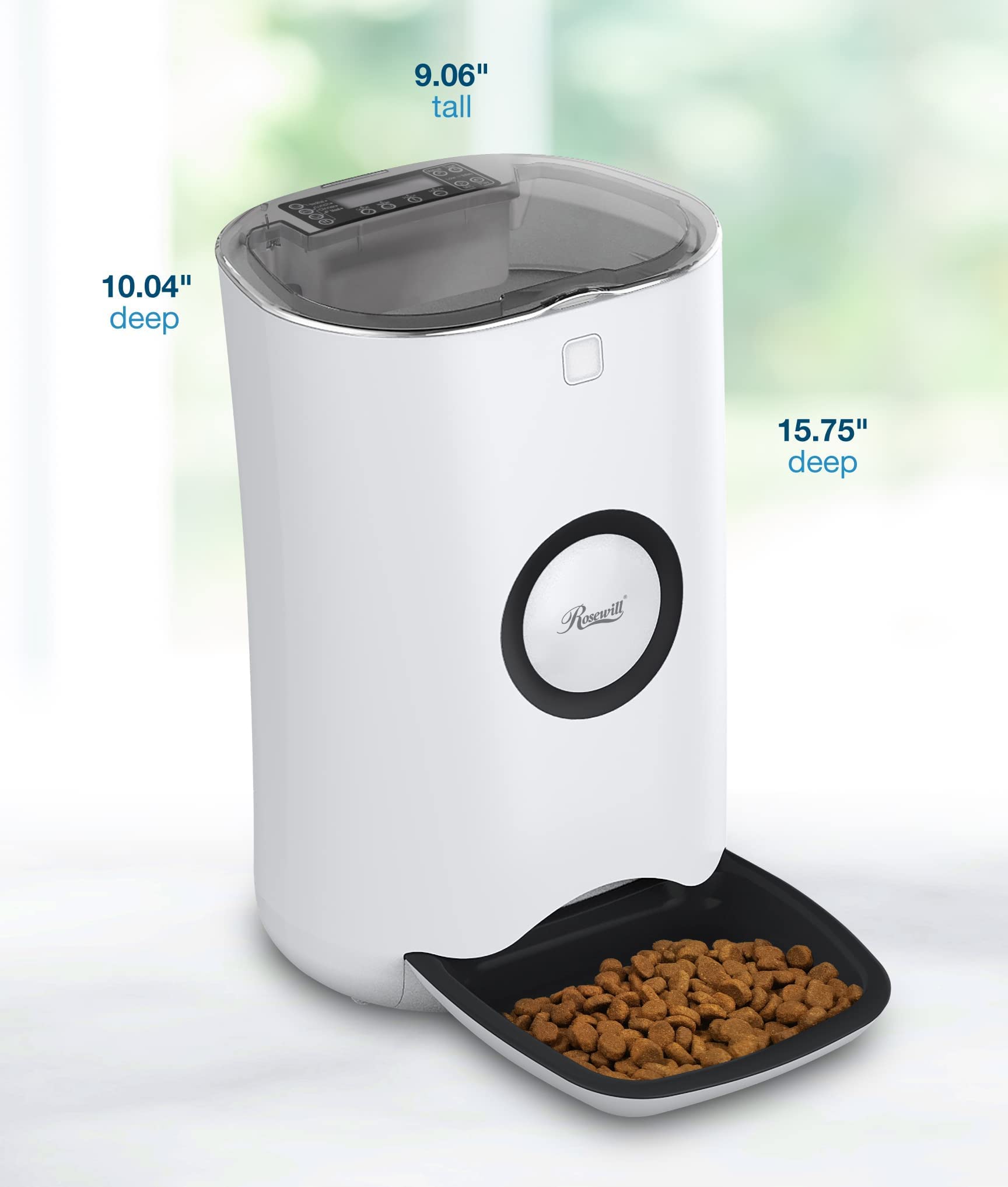 Rosewill Automatic Pet Feeder Food Dispenser for Cat or Dog, Up to 6.5 lbs of Dry Food with Alarm, Portion Control & Voice Recorder, Programmable, USB & Battery Powered, White - (RPPF-21001)