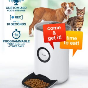 Rosewill Automatic Pet Feeder Food Dispenser for Cat or Dog, Up to 6.5 lbs of Dry Food with Alarm, Portion Control & Voice Recorder, Programmable, USB & Battery Powered, White - (RPPF-21001)