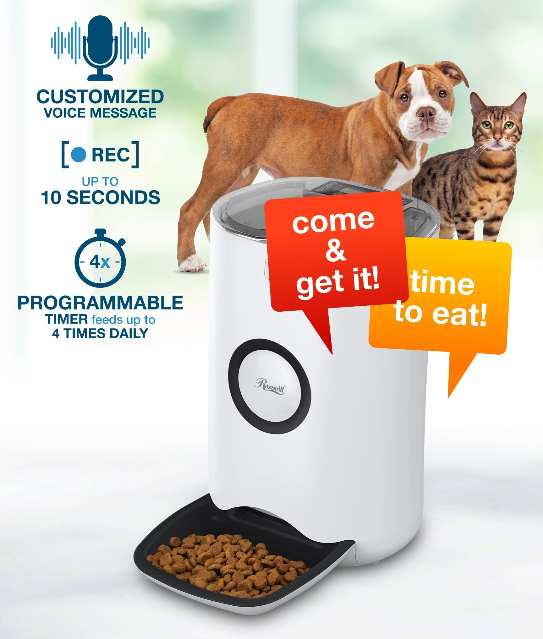 Rosewill Automatic Pet Feeder Food Dispenser for Cat or Dog, Up to 6.5 lbs of Dry Food with Alarm, Portion Control & Voice Recorder, Programmable, USB & Battery Powered, White - (RPPF-21001)