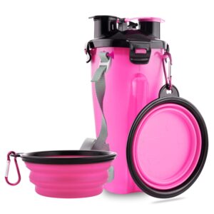 Guardians Dog Travel Water Bottle Collapsible Bowls, 2 in 1 Pet Food Container with Collapse Bowls, Outdoor Portable Water Bowls for Walking, Traveling, Camping and Hiking (Pink)